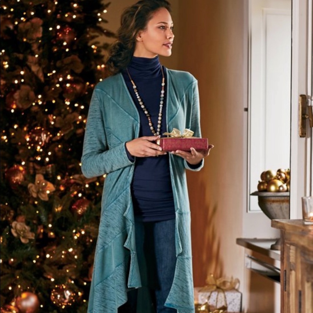 Turquoise knit duster jacket by Soft Surroundings, new with tags.